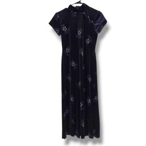 S.L. Fashion Petite Velvet Maxi Dress Floral Mandarin Collar Short Sleeve Gown